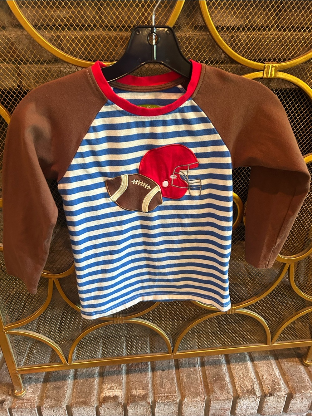 mine Blue & White Striped Long-Sleeve Shirt with Red Football Helmet Appliqué